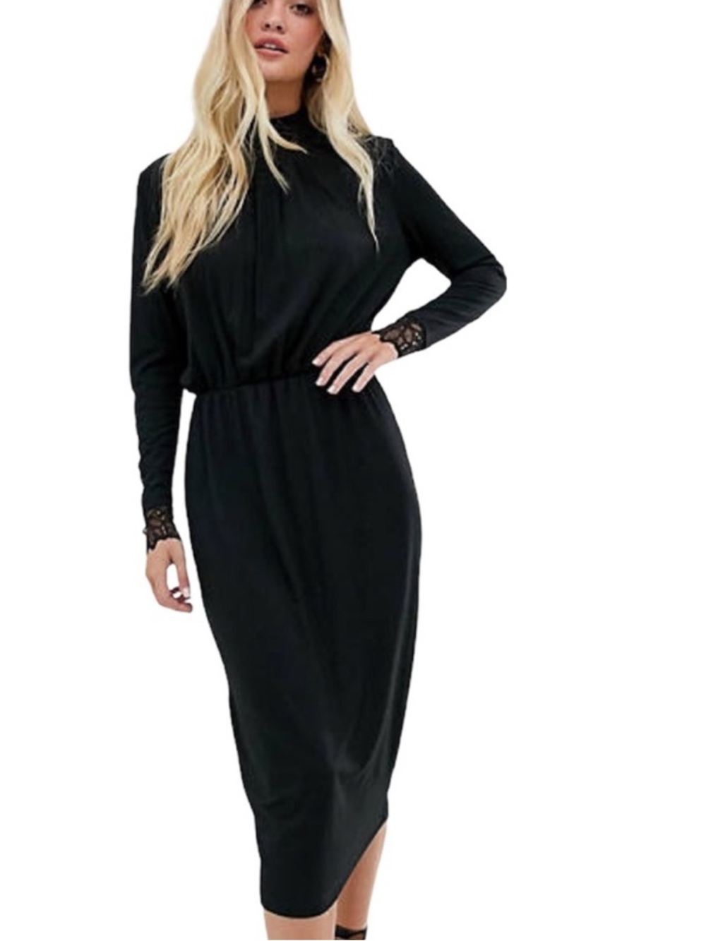 YAS ASOS Pleated High Mock Neck Dress Lace Cuffs Long Sleeve